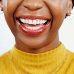 Teeth whitening, smile and closeup of black woman